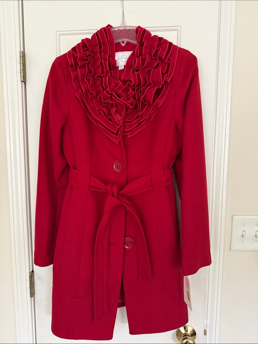 Jessica Simpson Red Ruffle Collar Trench Coat